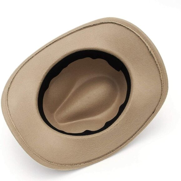 Beige Western‎ Cowboy Cowgirl Hat Felt Wide Brim Fedora with Gold Leaf Accent - Picture 6 of 6